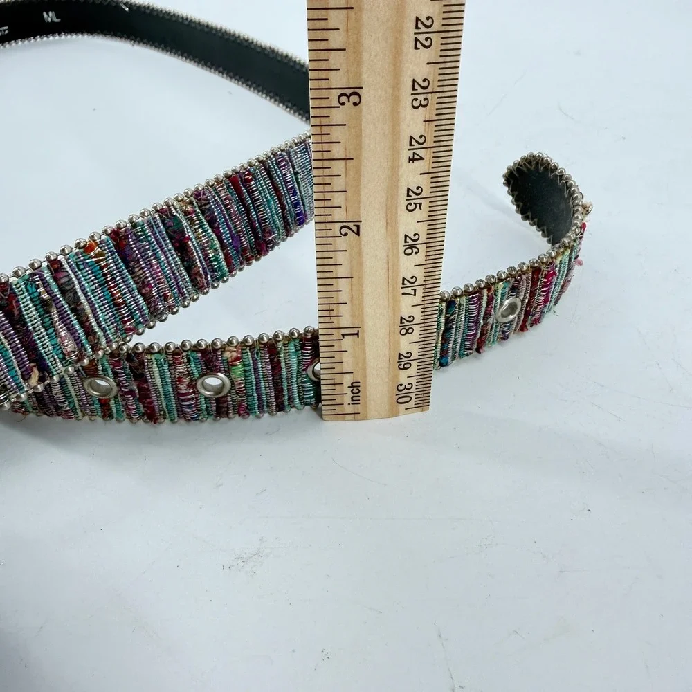 Elite Belt Women ML Multicolor Woven Metallic Beaded Silver Buckle Boho 1072